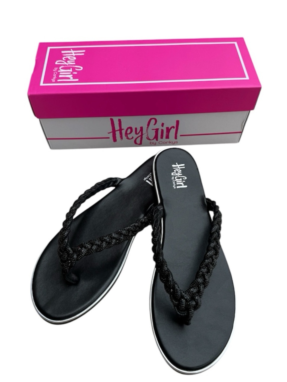 Hey Girl by Corkys Pinkie Promise Bling Sandals Black Braided Flip Flops NIB